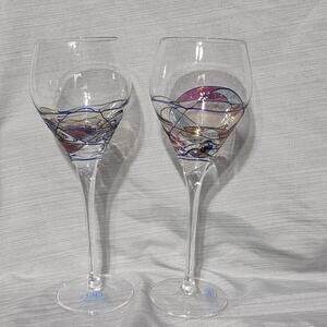GMD Romania Art Glass Wine Glasses Set of 2 – Raised Textured Painted Swirl Desi